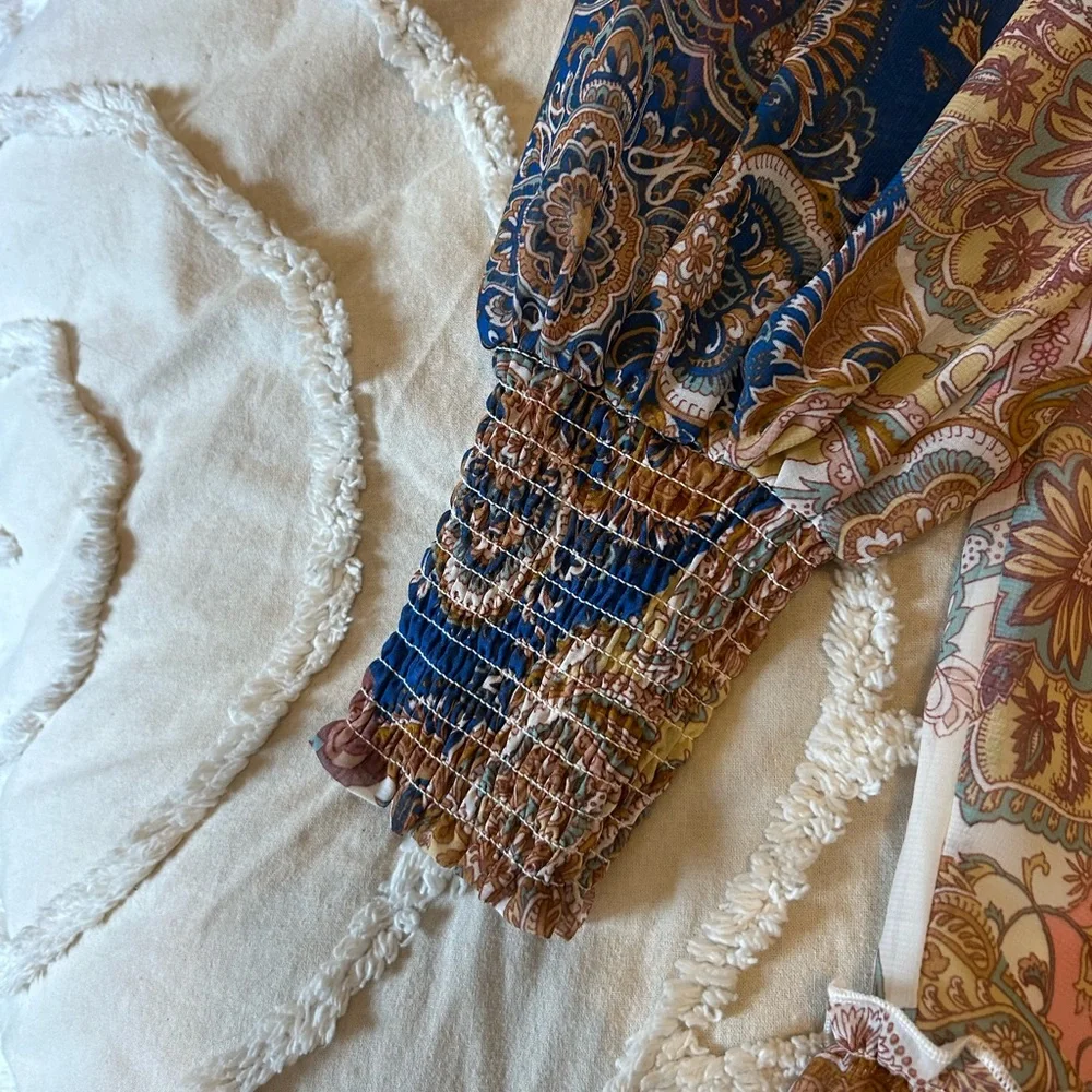 VENUS One-Shoulder Paisley Dress in Blue and Brown - Picture 3 of 6